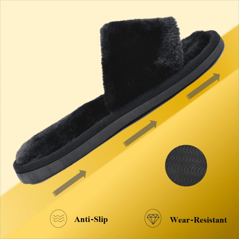 Crazy Lady Women's Fuzzy Fluffy House Slippers Cozy Cute Open Toe Memory Foam Breathable Indoor Outdoor Anti-slip Sandals(02Black38) - Image 3